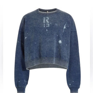 NWT R13 Cropped Distressed Crewneck Sweatshirt in Indigo Blue Paint | size S